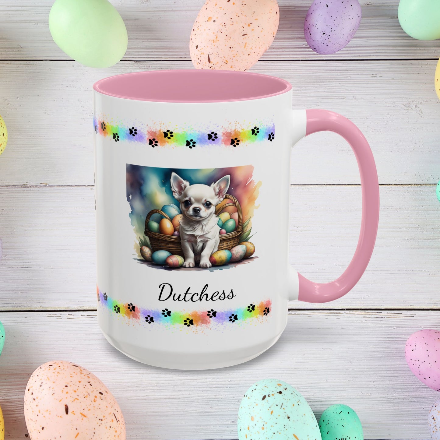 Chihuahua (White): Personalized Easter Puppy Coffee Mug - Adorable Dog Design, Mental Health Gift, 11oz & 15oz, 12 Color Choices, Easter Gifts & Décor