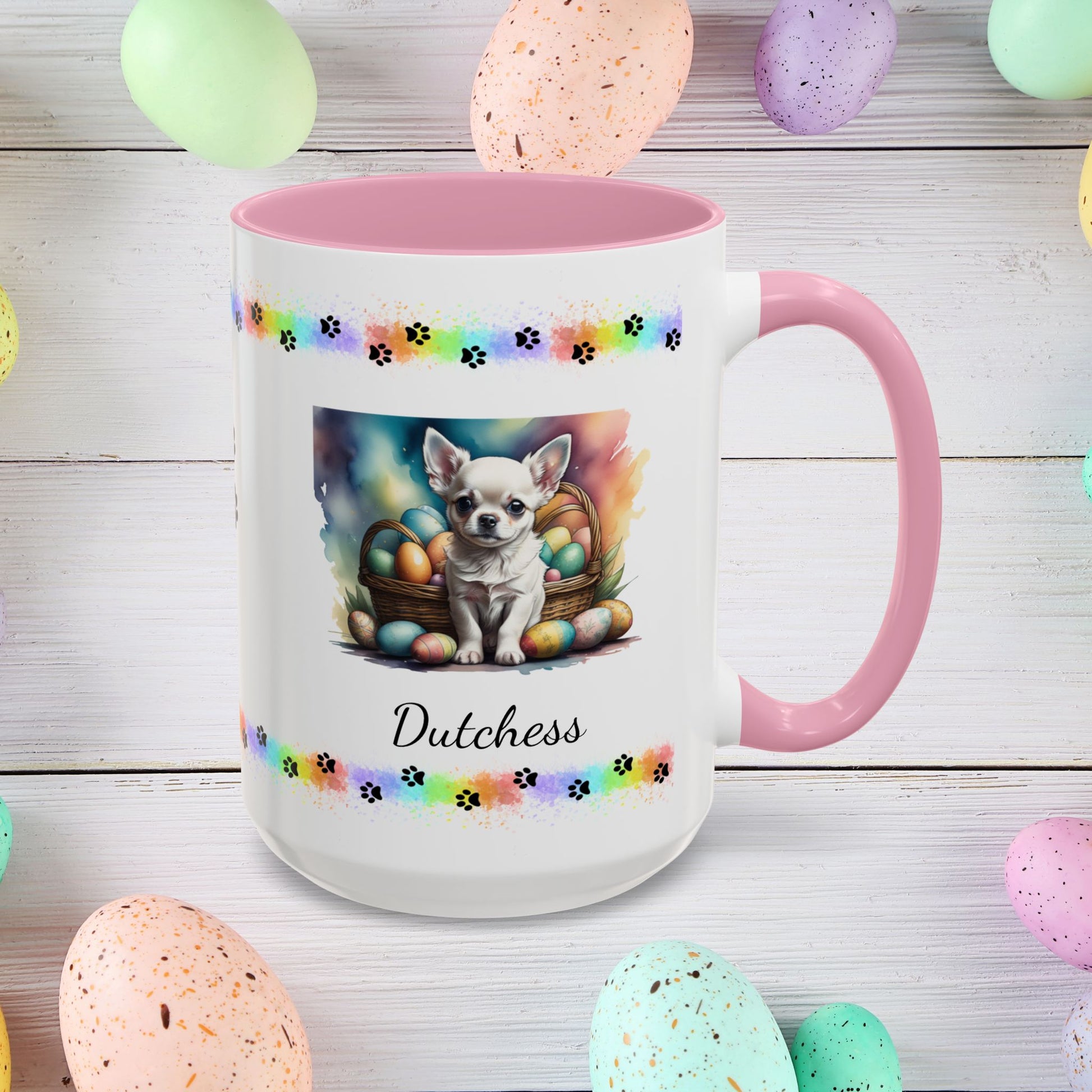 Chihuahua (White): Personalized Easter Puppy Coffee Mug - Adorable Dog Design, Mental Health Gift, 11oz & 15oz, 12 Color Choices, Easter Gifts & Décor