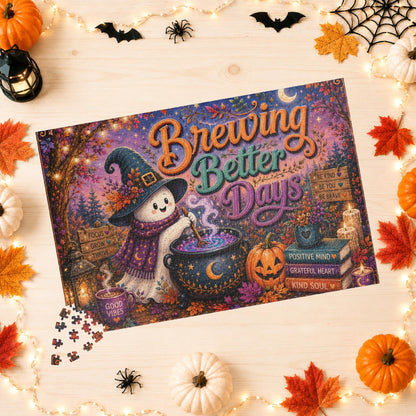 Brewing Better Days Halloween Puzzle - Ghost Stirring Cauldron with Good Vibes Mug and Affirmation Books