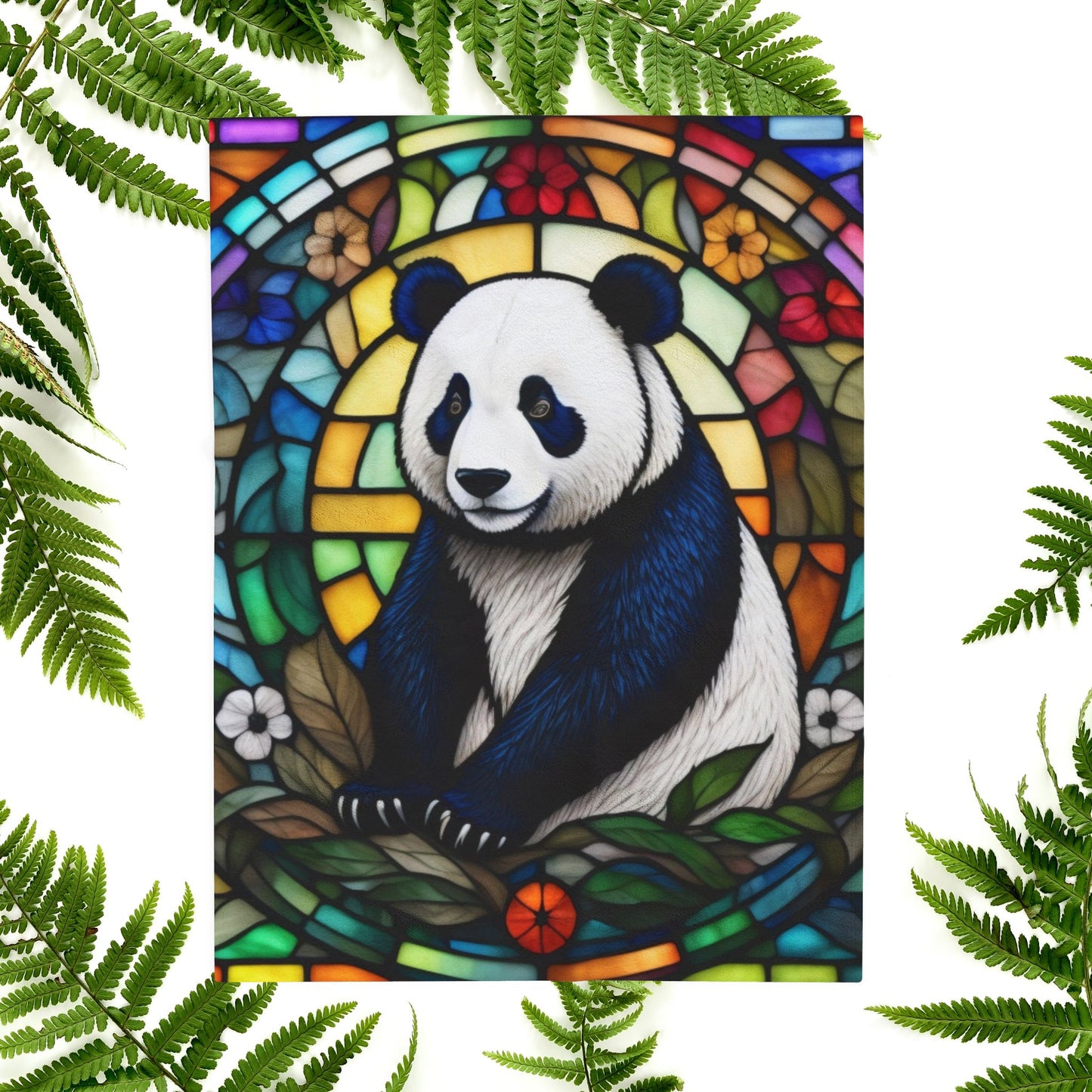 A tranquil panda blanket in stained glass style, ideal for calm evenings and mindful rest.