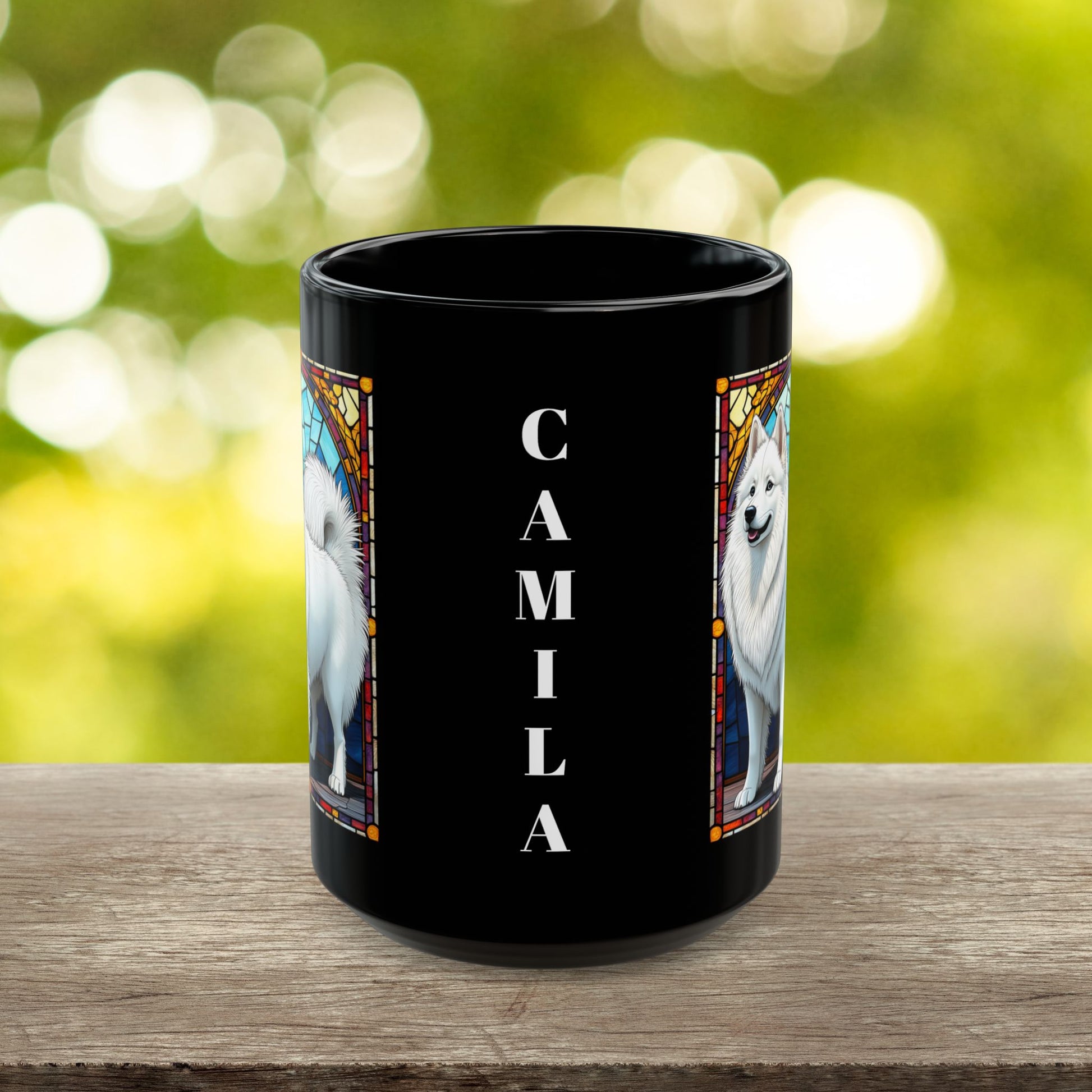 American Eskimo personalized mug, stained glass coffee cup gift for dog lovers and pet parents
