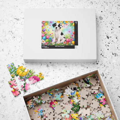 Great Dane (Piebald) Easter Puppy Puzzle - Spring Garden with Eggs, Tulips, and Daisies