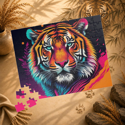 Roar to Renewal - Close-Up Neon Tiger Puzzle with Teal Eyes and Magenta Splatter Art