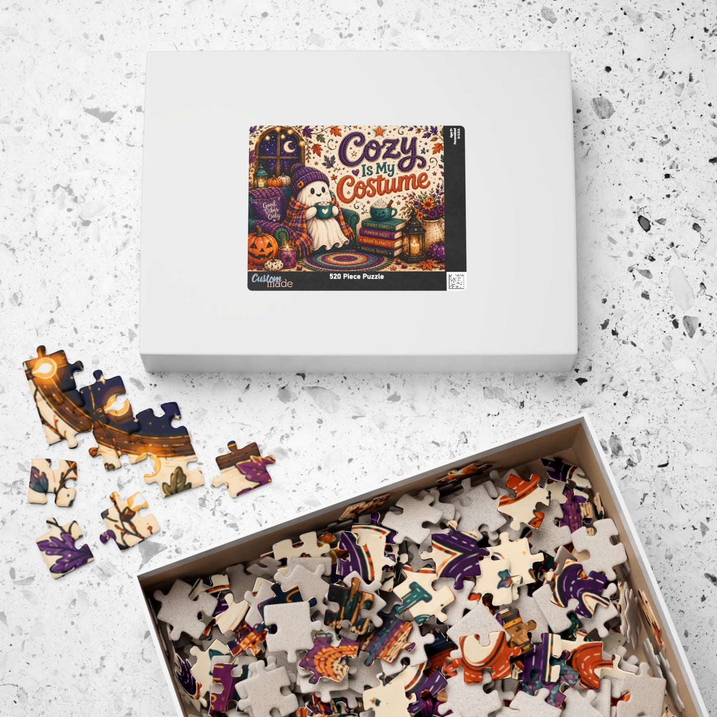 Cozy Is My Costume Halloween Puzzle - Ghost in Beanie with Good Vibes Pillow and Spooky Story Books