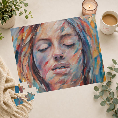 Empowerment Escape - Close-Up Woman's Portrait Puzzle with Bold Multicolor Oil Brushstrokes