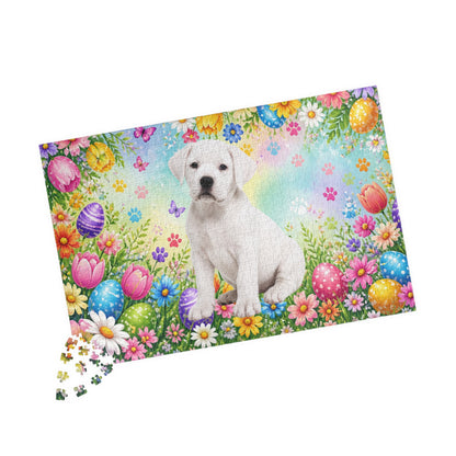 Rottweiler (White) Easter Puppy Puzzle - Spring Garden with Eggs, Tulips, and Butterflies