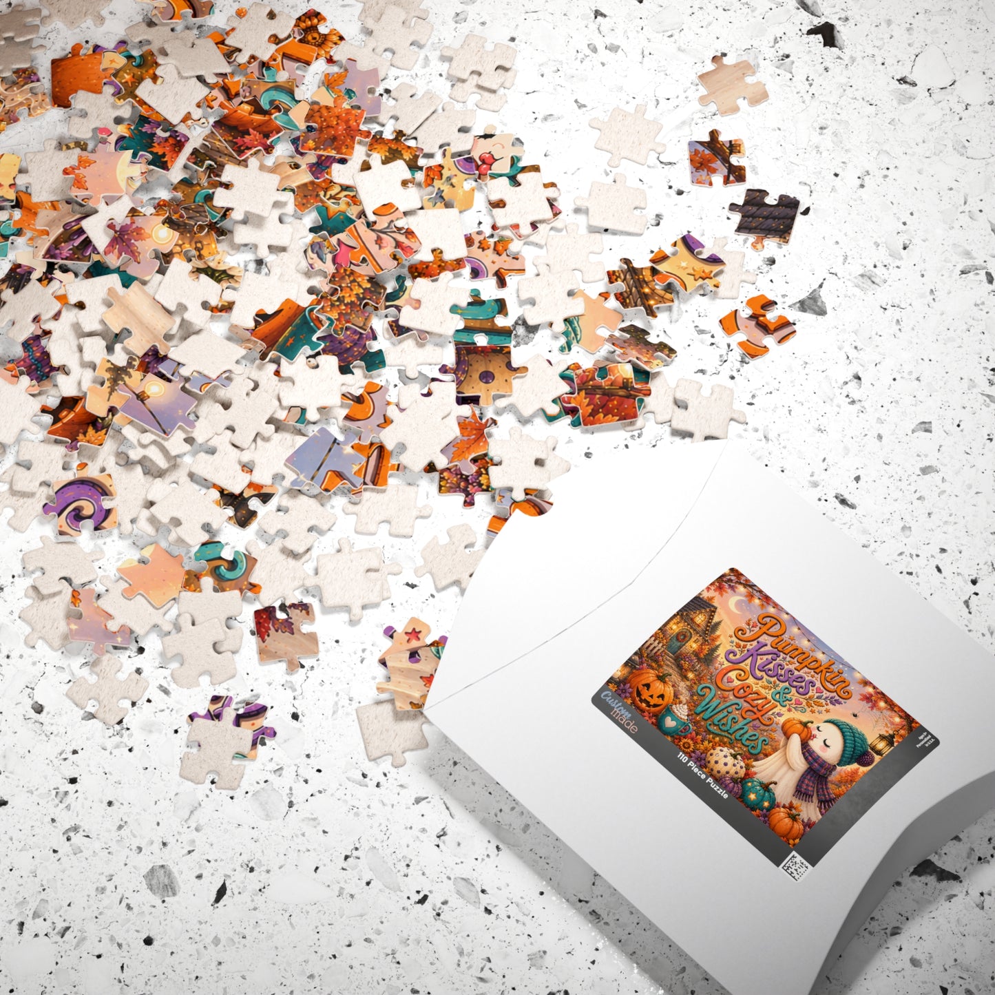 Pumpkin Kisses & Cozy Wishes Halloween Puzzle - Beanie Ghost with Pumpkins, Heart Mug, and Fall Leaves