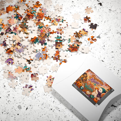 Pumpkin Kisses & Cozy Wishes Halloween Puzzle - Beanie Ghost with Pumpkins, Heart Mug, and Fall Leaves