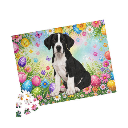 Great Dane (Mantle) Easter Puppy Puzzle - Spring Garden with Eggs, Tulips, and Daisies