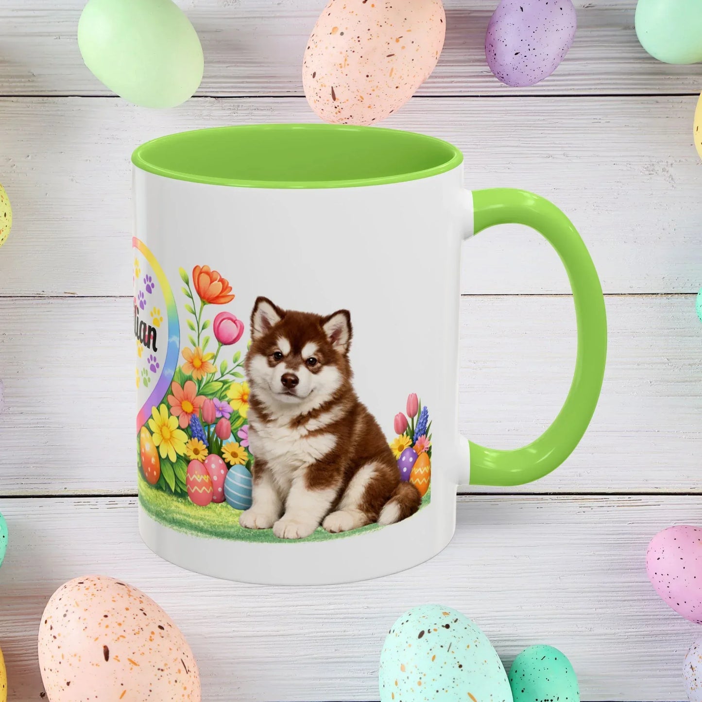 Shop our alaskan malamute red white puppy easter mug featuring the 11oz style option from MySisterIsASurvivor.