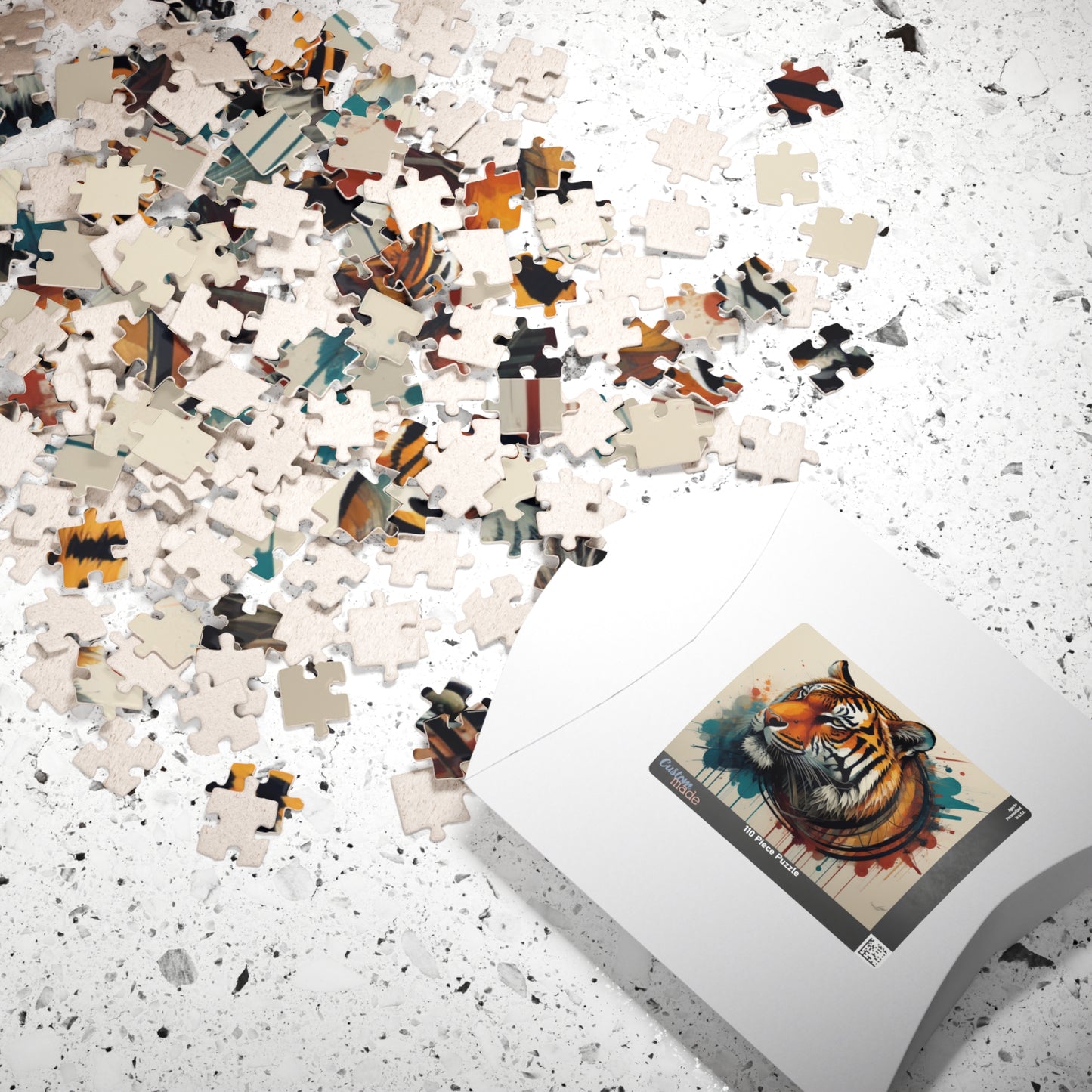 The Resilient Tiger - Expressive Tiger Puzzle with Circular Brushstroke and Paint Drips on White