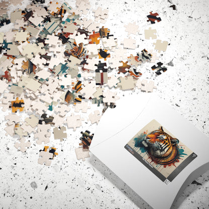 The Resilient Tiger - Expressive Tiger Puzzle with Circular Brushstroke and Paint Drips on White