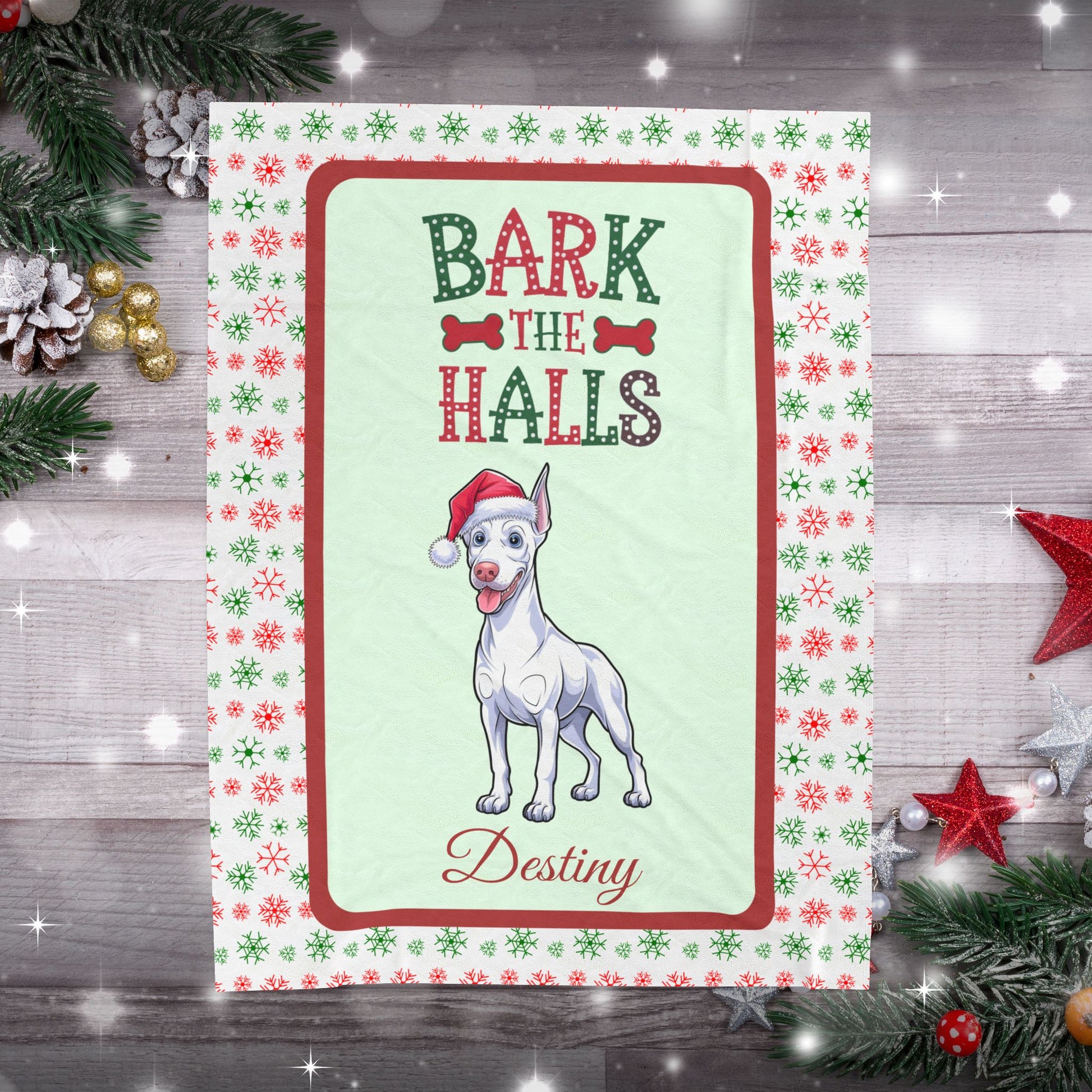 Doberman Pinscher (White) Velveteen Blanket - cozy Bark The Halls Christmas dog throw, personalized gift