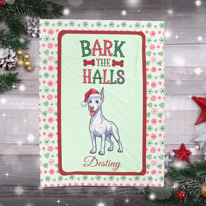 Doberman Pinscher (White) Velveteen Blanket - cozy Bark The Halls Christmas dog throw, personalized gift