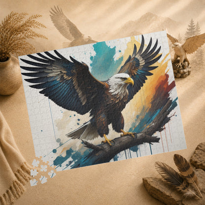 Inspirational Eagle Flight - Full-Body Bald Eagle Puzzle with Wings Spread on Watercolor Splash Background