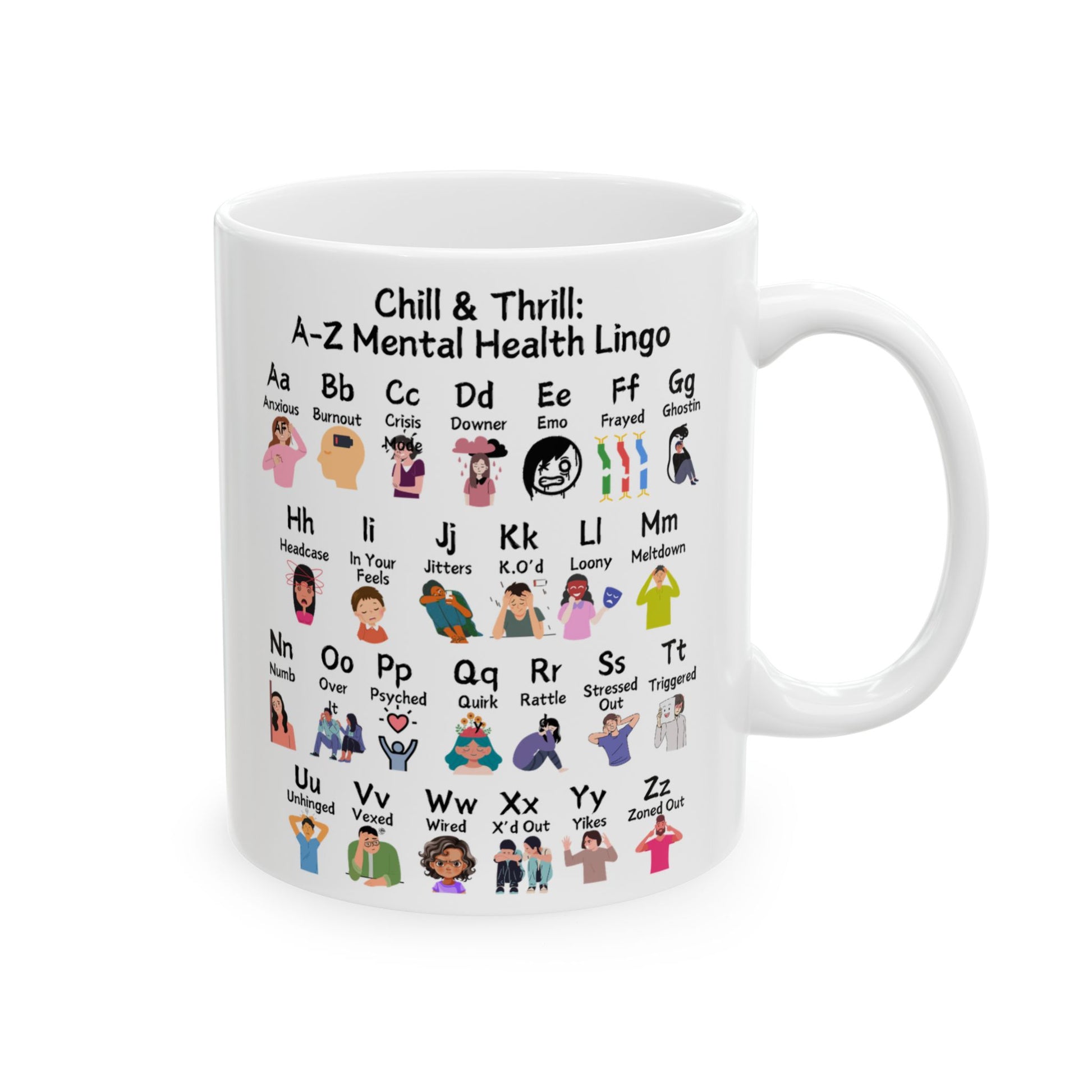 Chill & Thrill: A-Z Mental Health Lingo Ceramic Mug, (11oz, 15oz)