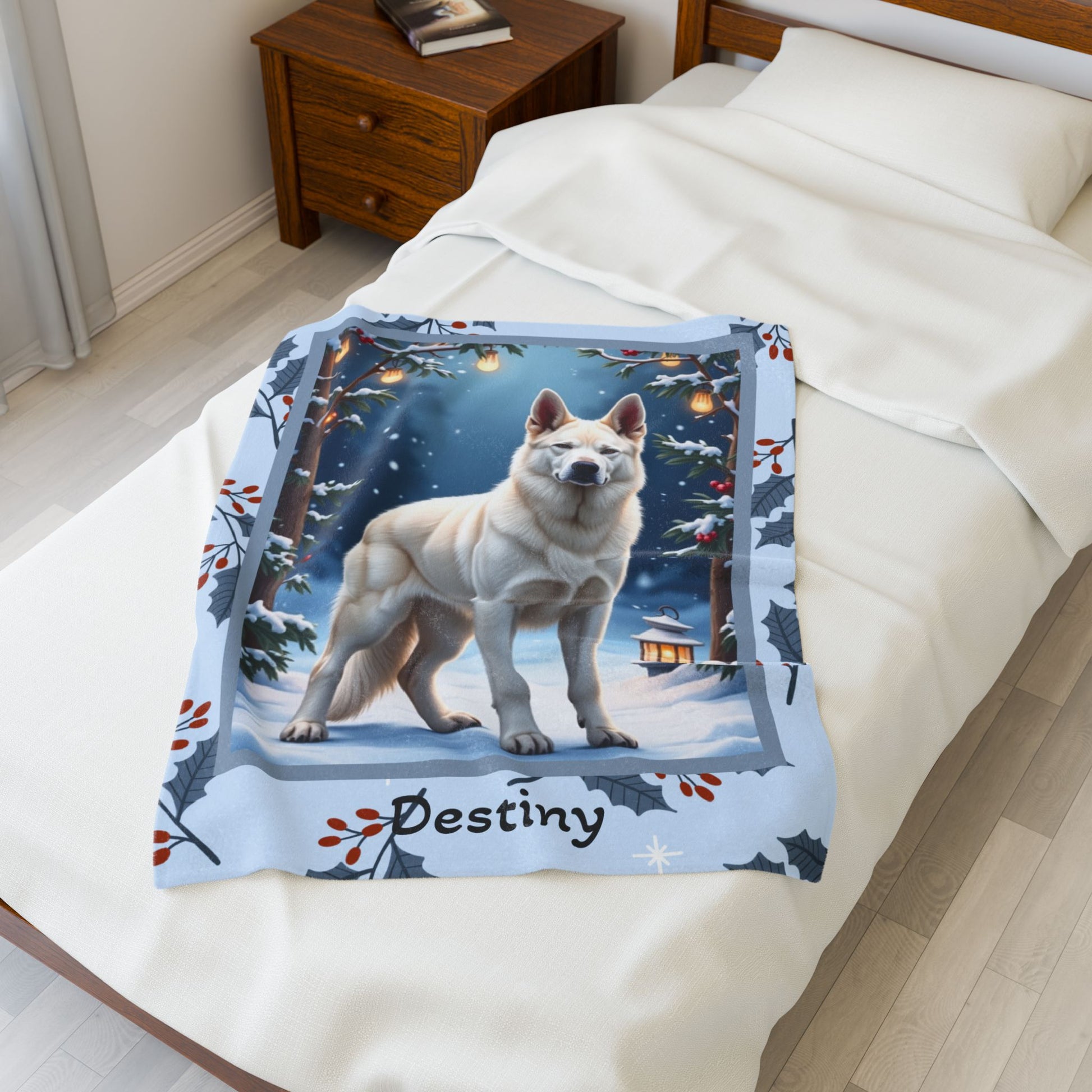 German Shepherd White personalized winter throw featuring a white German Shepherd in a bright lodge winter setting