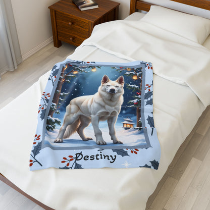 German Shepherd White personalized winter throw featuring a white German Shepherd in a bright lodge winter setting