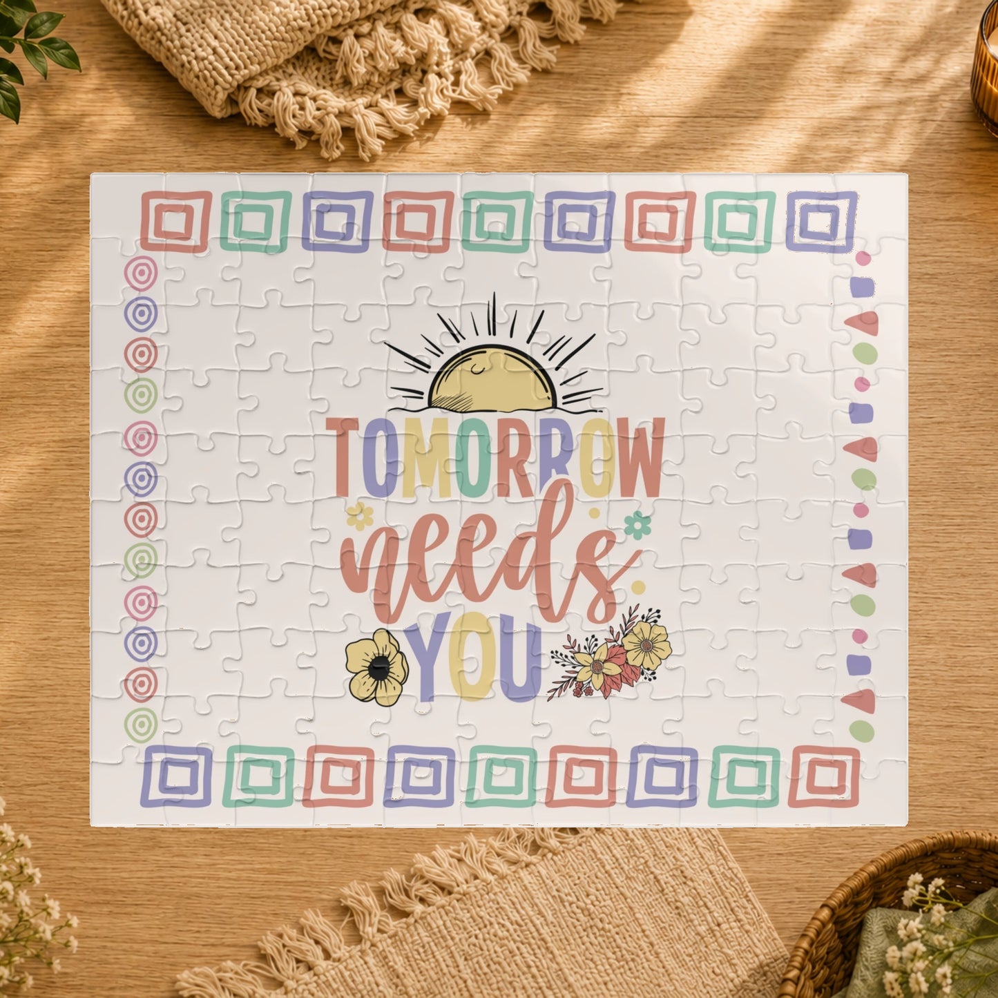 Jigsaw puzzle with 'Tomorrow Needs You' text and decorative elements on a white background