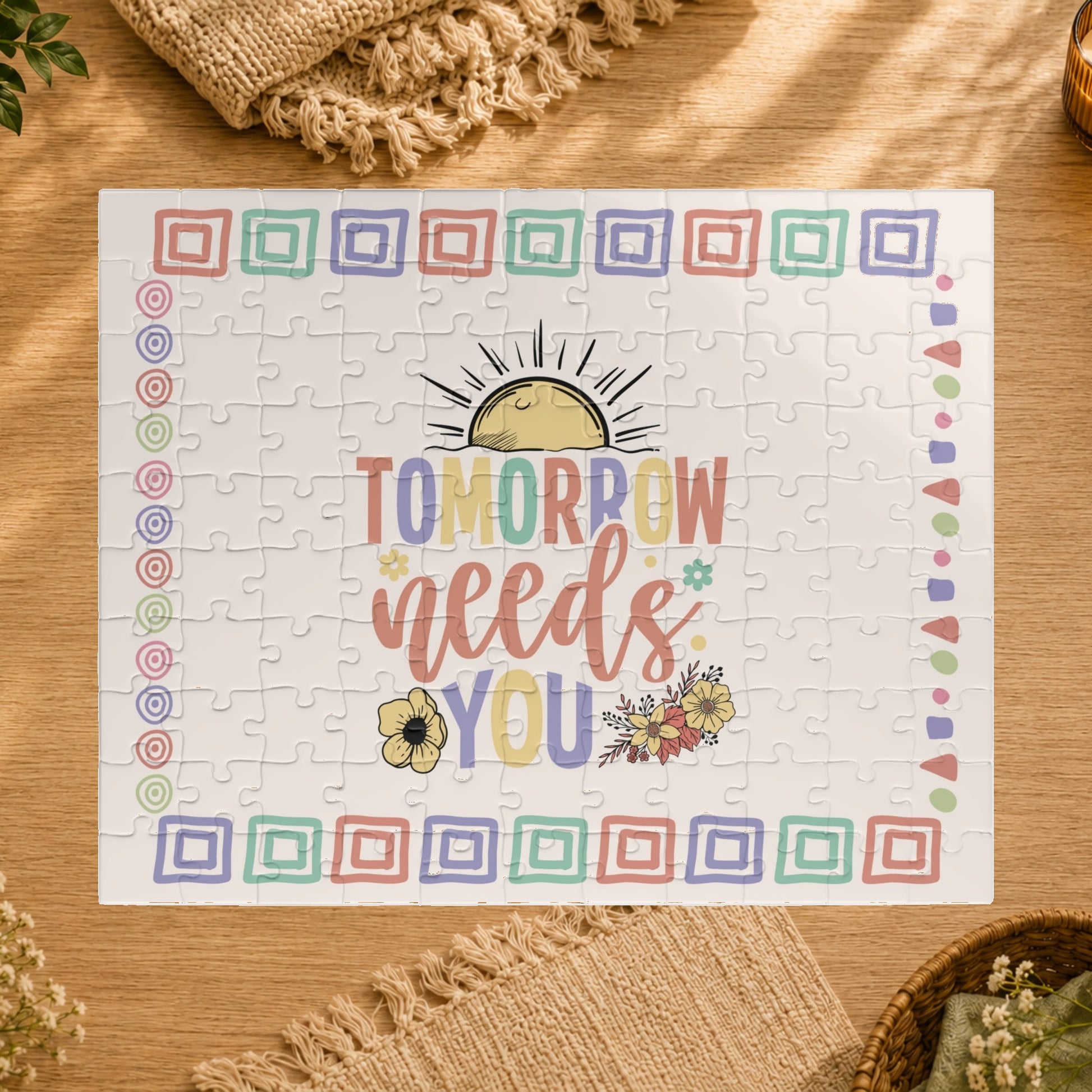 Jigsaw puzzle with 'Tomorrow Needs You' text and decorative elements on a white background