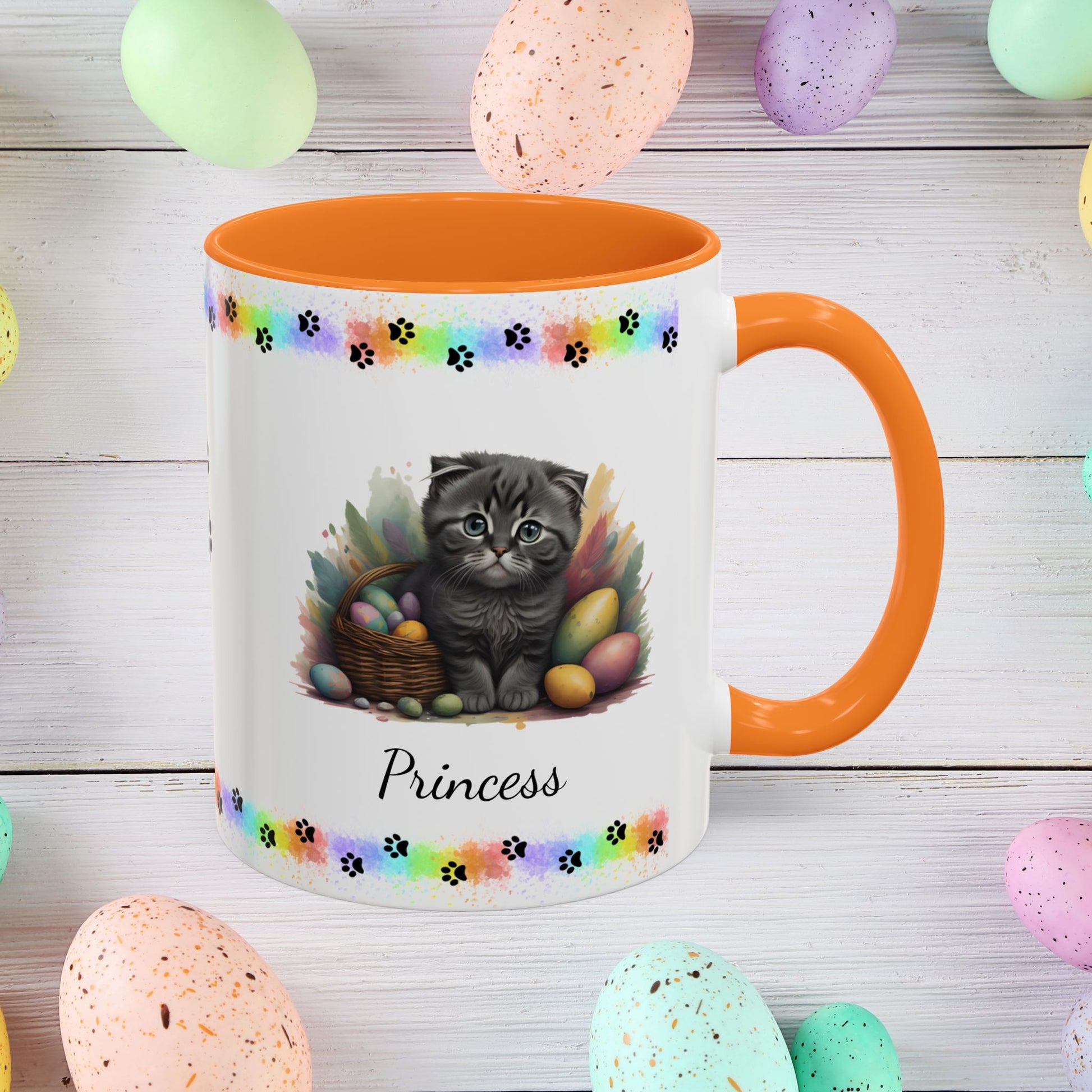 Scottish Fold: Personalized Easter Kitten Coffee Mug - Adorable Cat Design, Mental Health Gift, 11oz & 15oz, 12 Color Choices, Easter Gifts & Décor