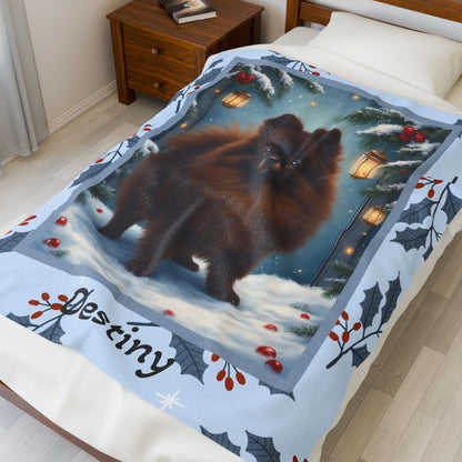 Pomeranian Chocolate custom winter blanket featuring a rich brown Pom in a bright winter lodge scene