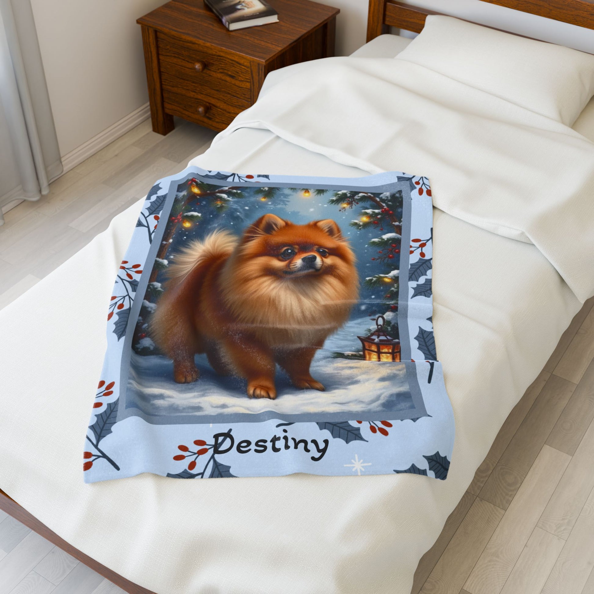 Pomeranian Orange personalized winter throw featuring a cheerful orange Pom in a cozy lodge winter scene