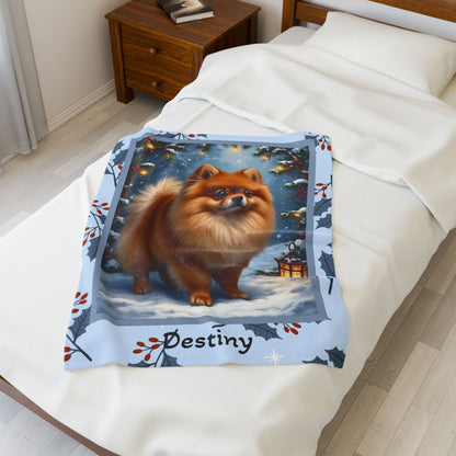 Pomeranian Orange personalized winter throw featuring a cheerful orange Pom in a cozy lodge winter scene