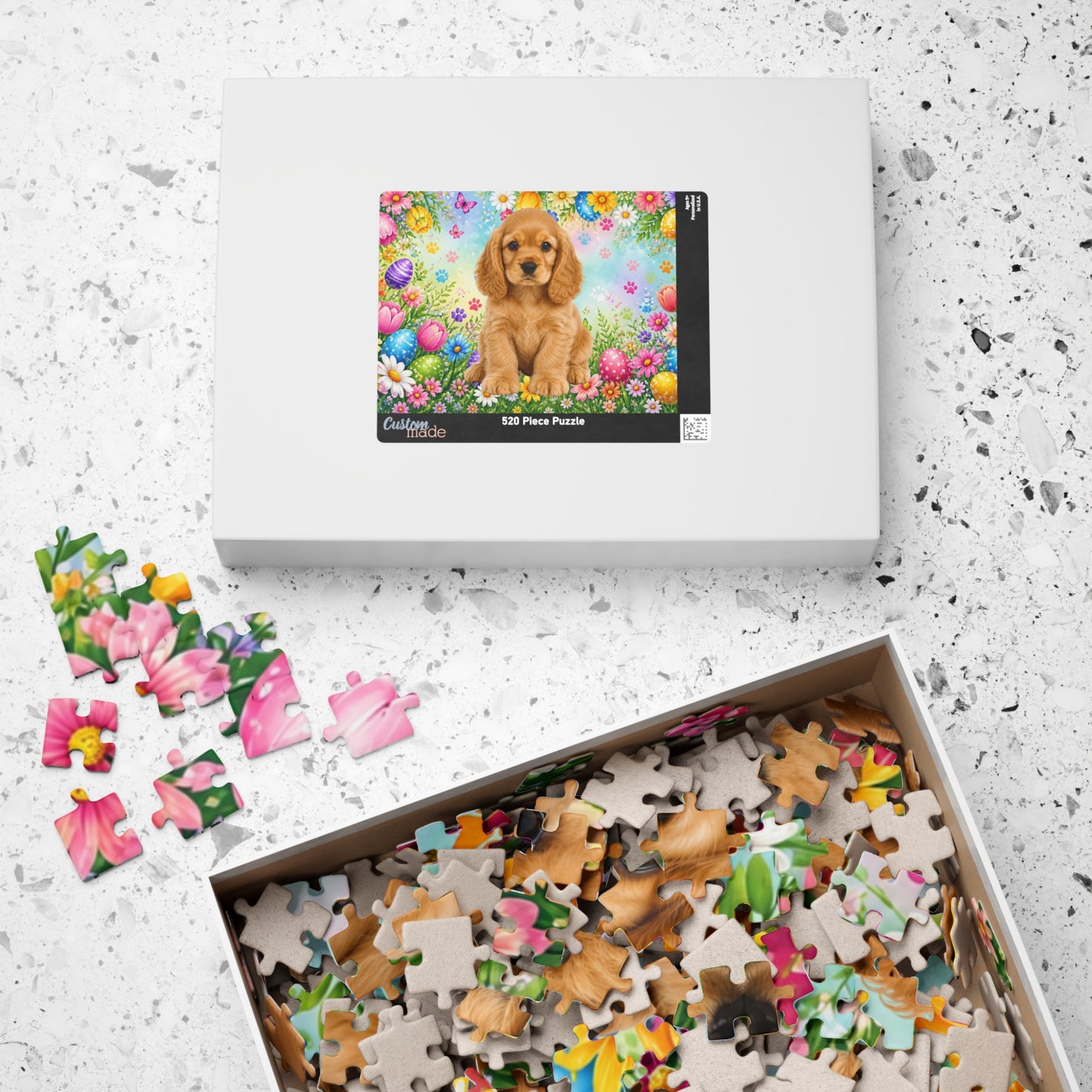 American Cocker Spaniel (Golden) Easter Puppy Puzzle - Spring Garden with Eggs, Tulips, and Daisies
