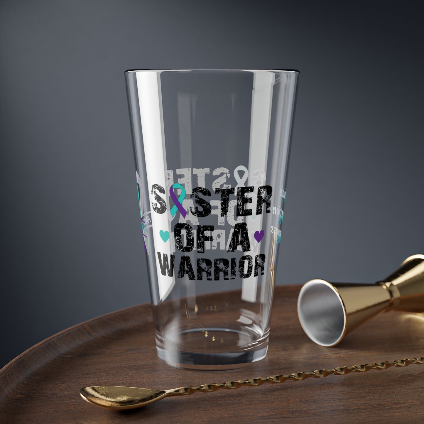 Sister of a Warrior: Personalized Suicide Prevention Awareness Warrior Pint Glass - Proud Family Member
