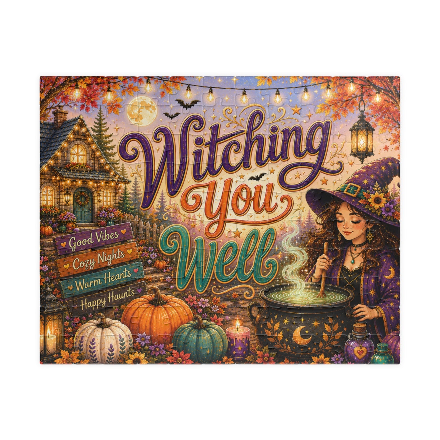 Witching You Well Halloween Puzzle - Witch Stirring Cauldron with Pumpkins, Full Moon, and Cottage