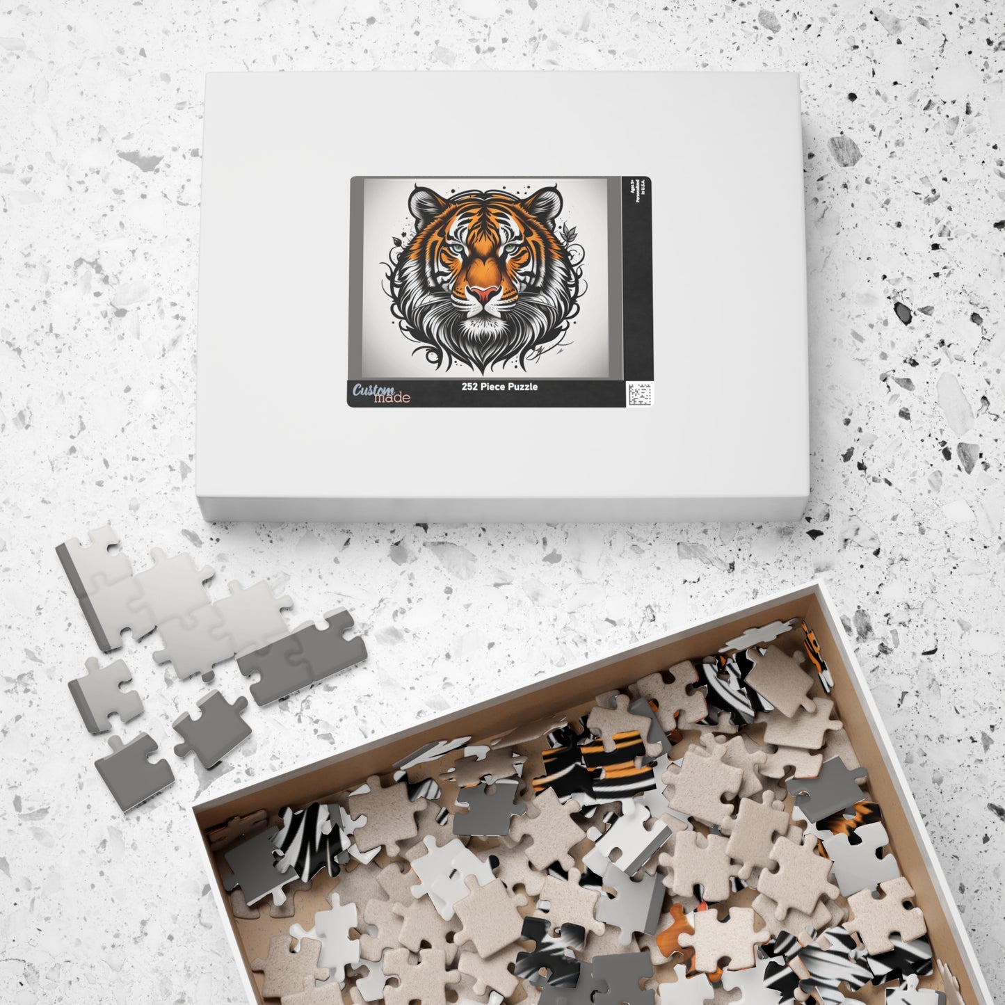 Tiger Spirit - Tattoo-Style Tiger Puzzle with Ornamental Flourishes on White