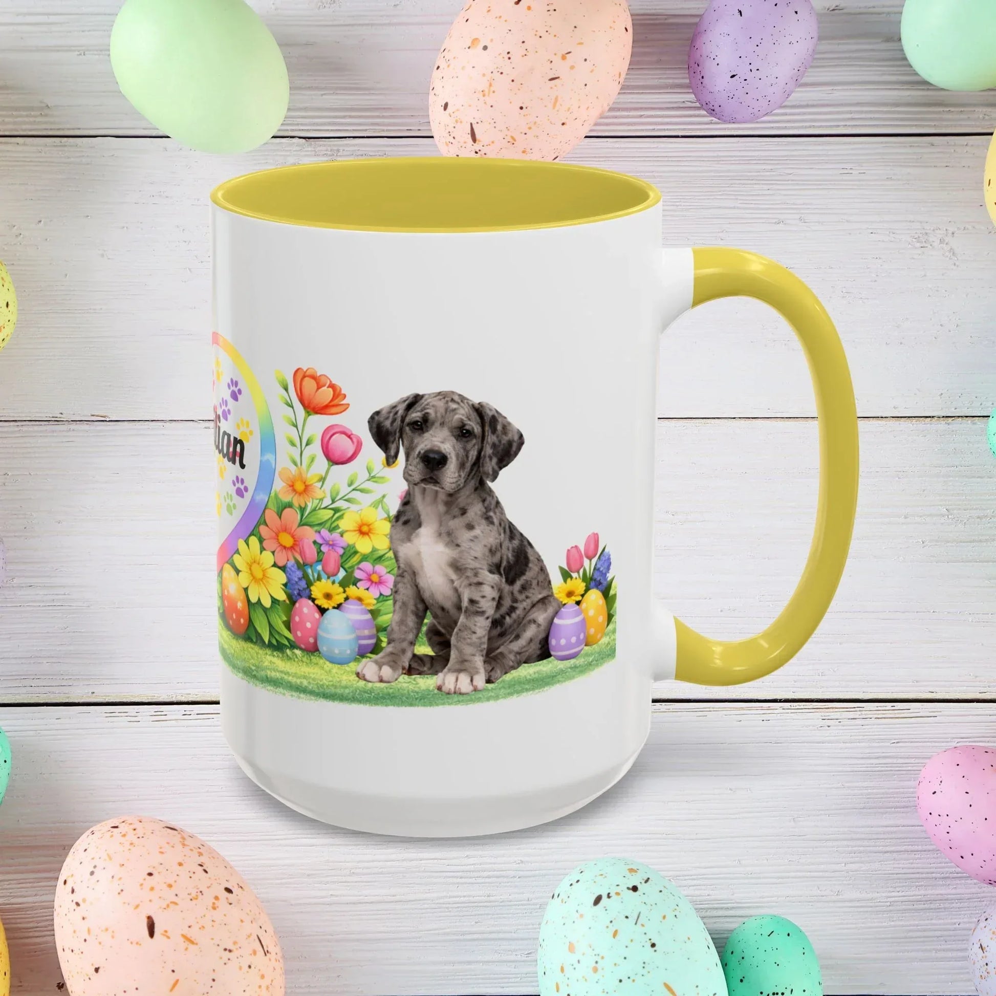 Shop our premium great dane merle puppy easter mug from MySisterIsASurvivor.