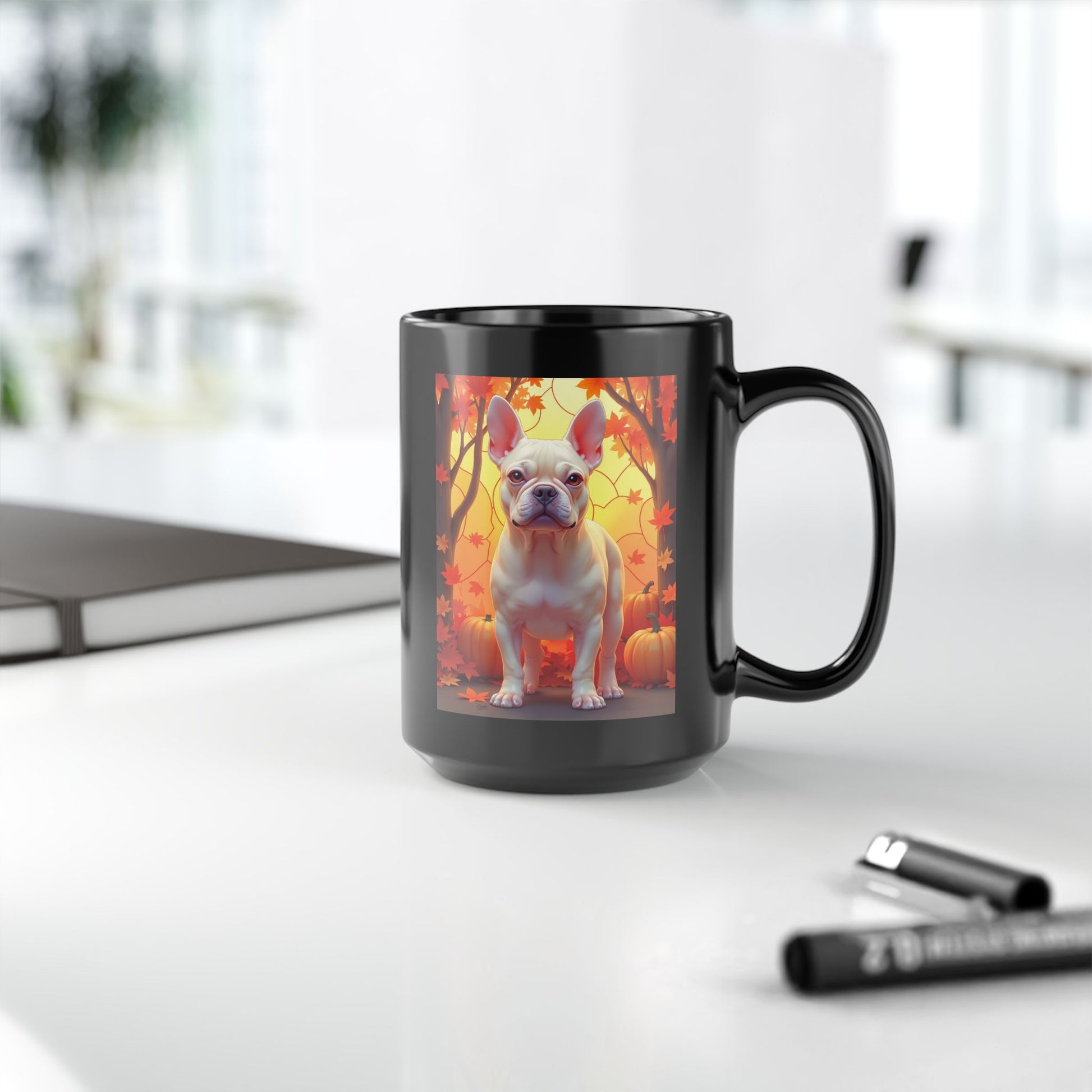Cream French Bulldog Autumn Black Mug - Cozy fall Frenchie dog breed coffee mug