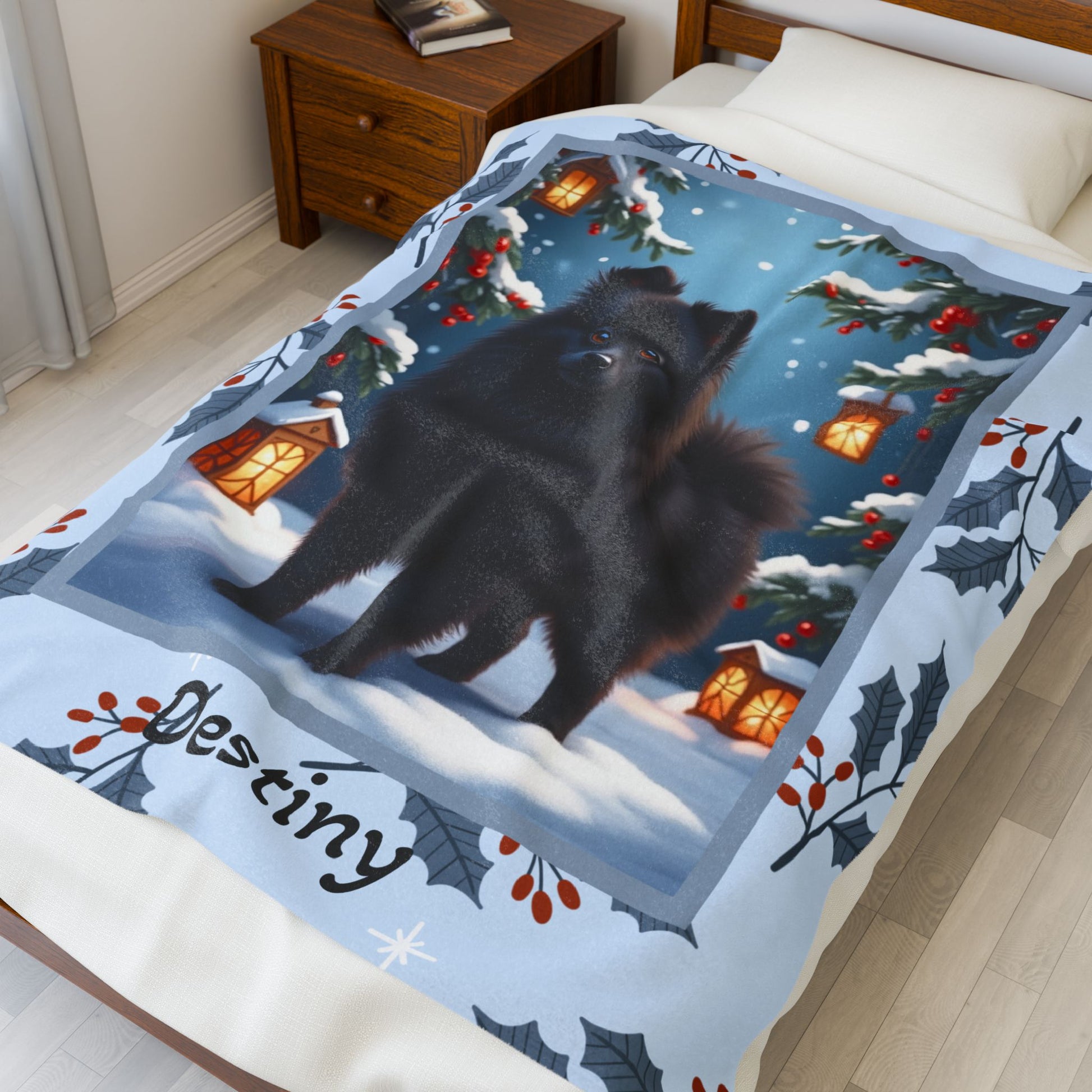 Pomeranian Black personalized winter throw with fluffy black Pom artwork in a bright snowy lodge scene