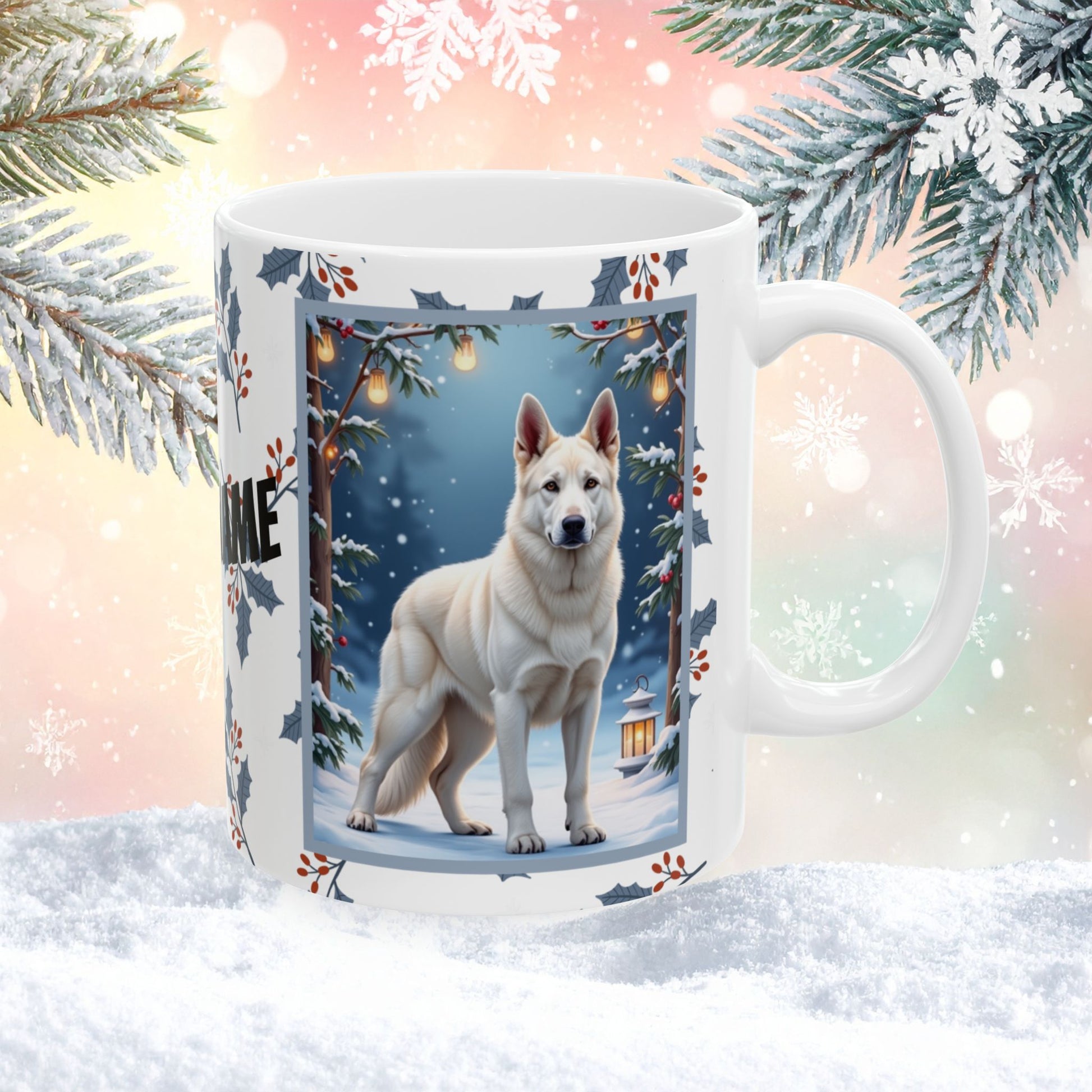 German Shepherd (White) Winter Mug - white German Shepherd artwork standing in a bright winter scene with snow-covered trees