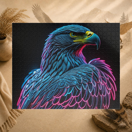 Wings of Resilience - Neon Eagle Portrait Puzzle with Teal Feathers and Pink Neon Outlines on Black