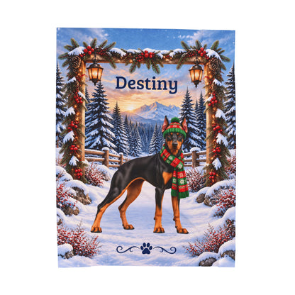 Doberman (Black & Rust Coat) - Personalized Winter Blanket, Lantern Woodland Custom Name Throw