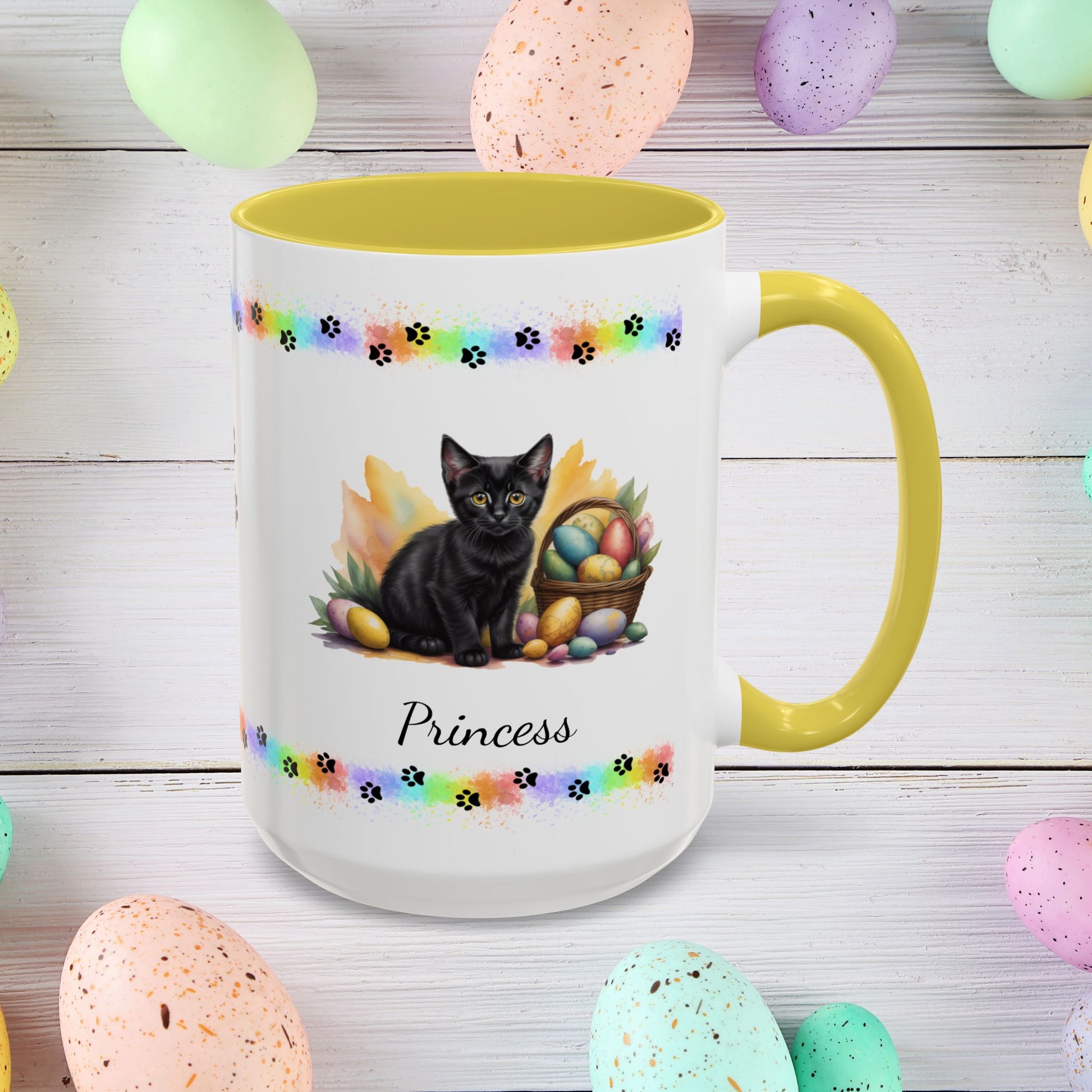 Bombay: Personalized Easter Kitten Coffee Mug - Adorable Cat Design, Mental Health Gift, 11oz & 15oz, 12 Color Choices, Easter Gifts & Décor