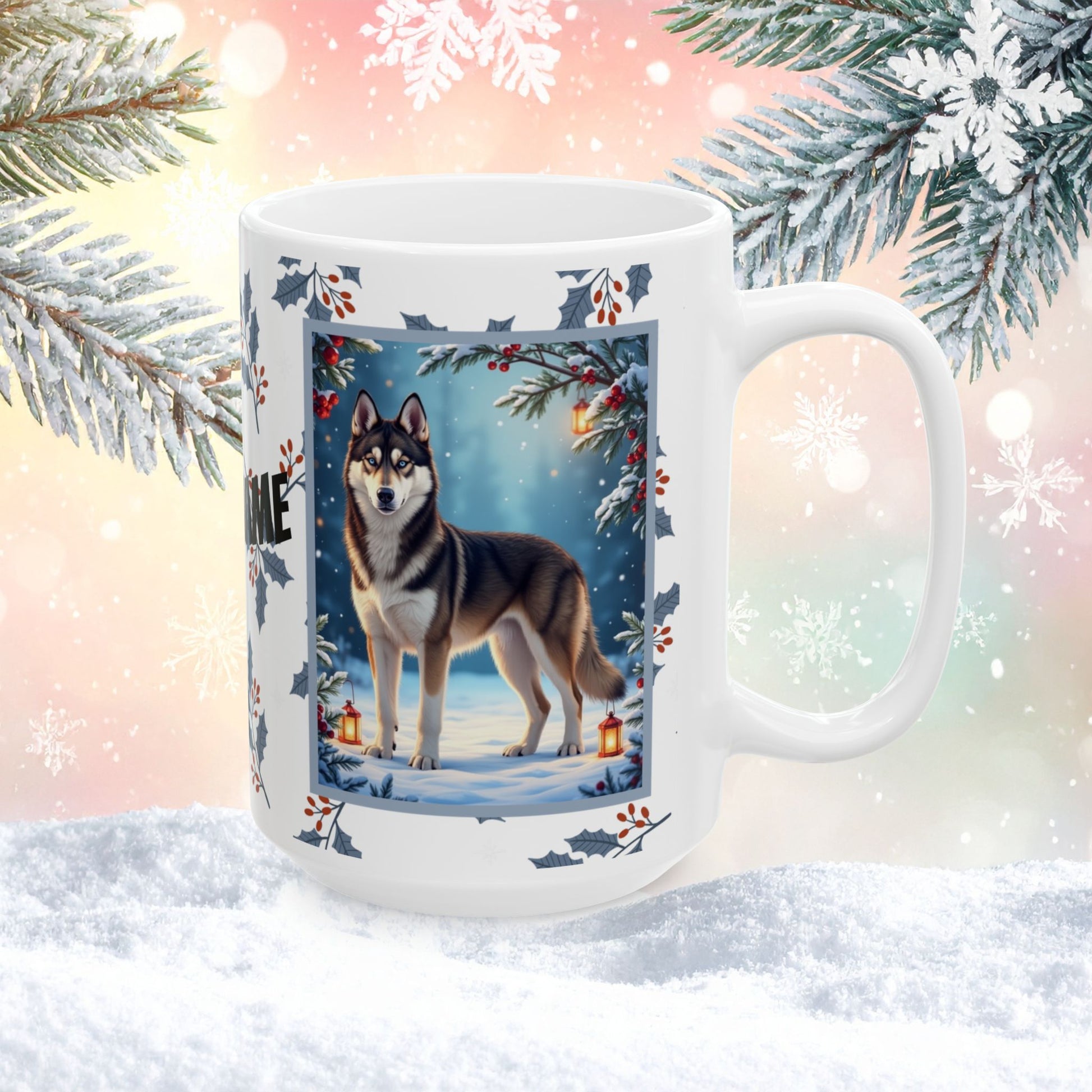 Husky (Agoutti & White) Winter Mug - agouti and white husky illustrated standing in a winter scene with snow and pine trees