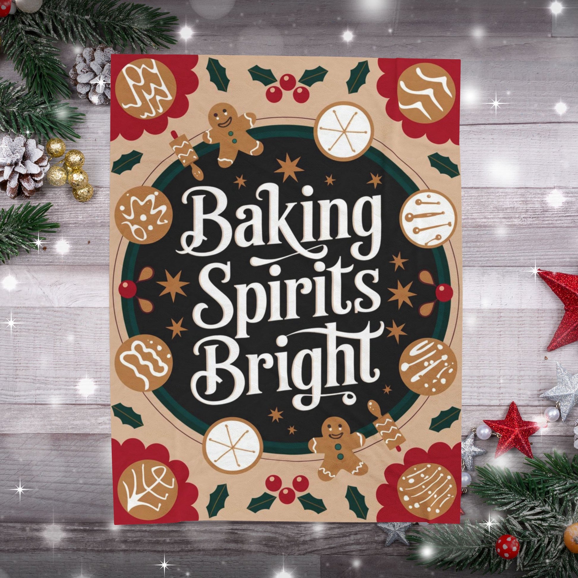 Holiday blanket “Baking Spirits Bright” with festive Christmas design, cozy winter throw for warmth and joy