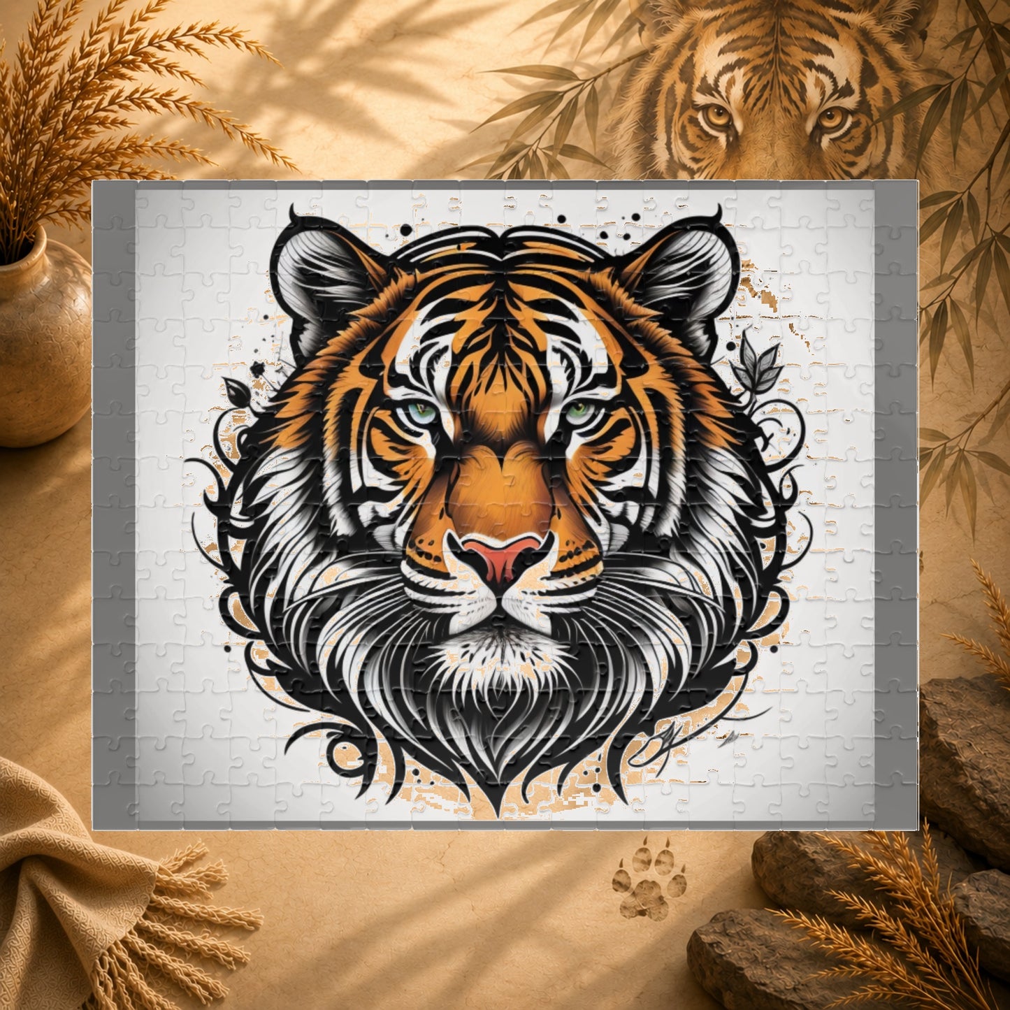 Tiger Spirit - Tattoo-Style Tiger Puzzle with Ornamental Flourishes on White