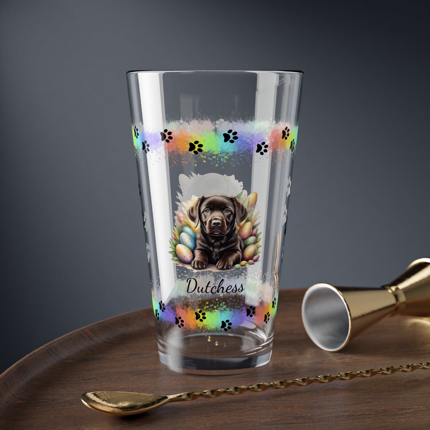 Chocolate Labrador Personalized Easter Puppy 16oz Pint Glass - Custom Dog Design, Mental Health Gift, Easter Décor, and Festive Celebrations