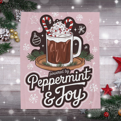 Christmas blanket “Powered by Peppermint & Joy” cozy holiday throw for festive relaxation and fun