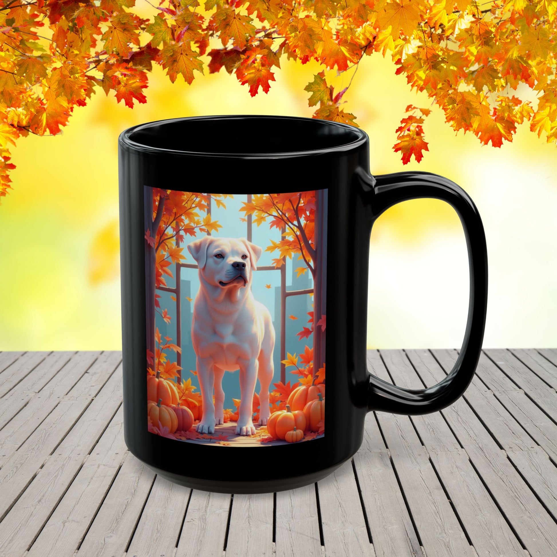 White Rottweiler personalized fall mug, coffee cup for dog lovers, cozy autumn drinkware, custom Rottweiler gift