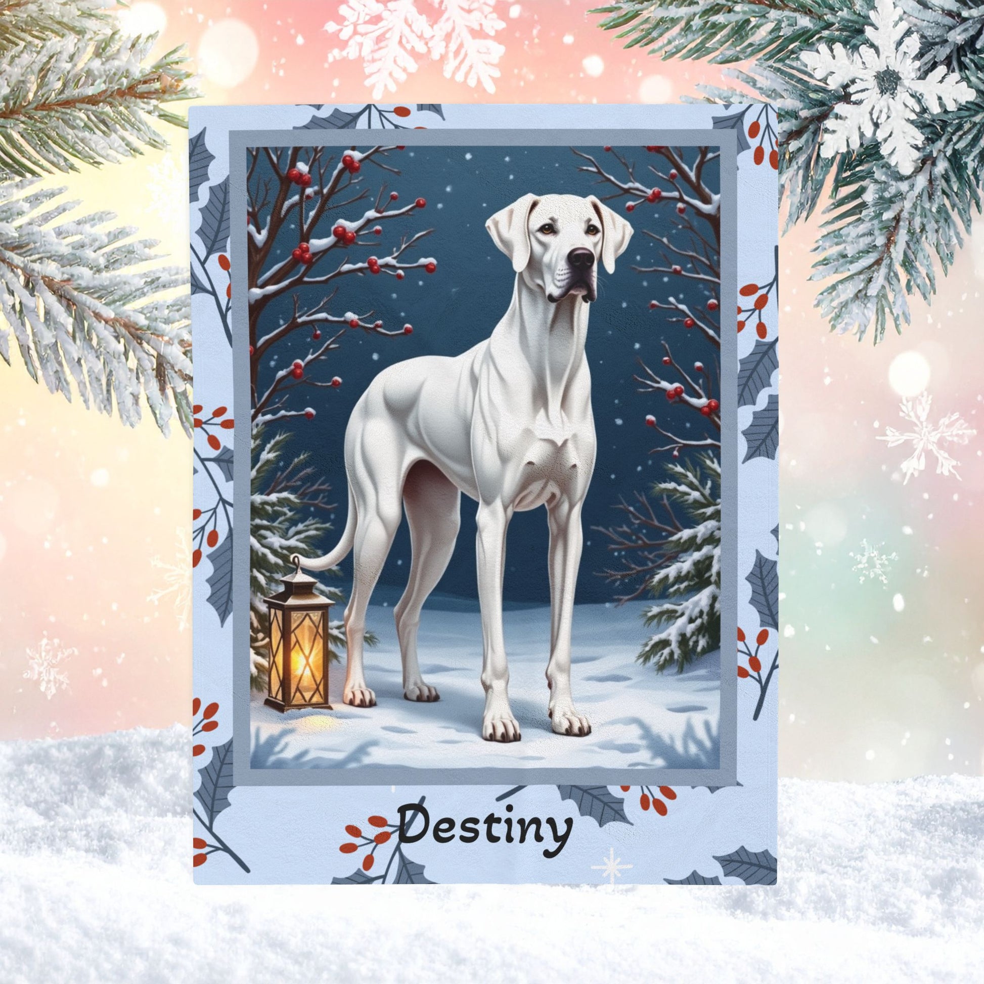 Great Dane White custom winter blanket showing a gentle Great Dane in a crisp illustrated snowy lodge setting