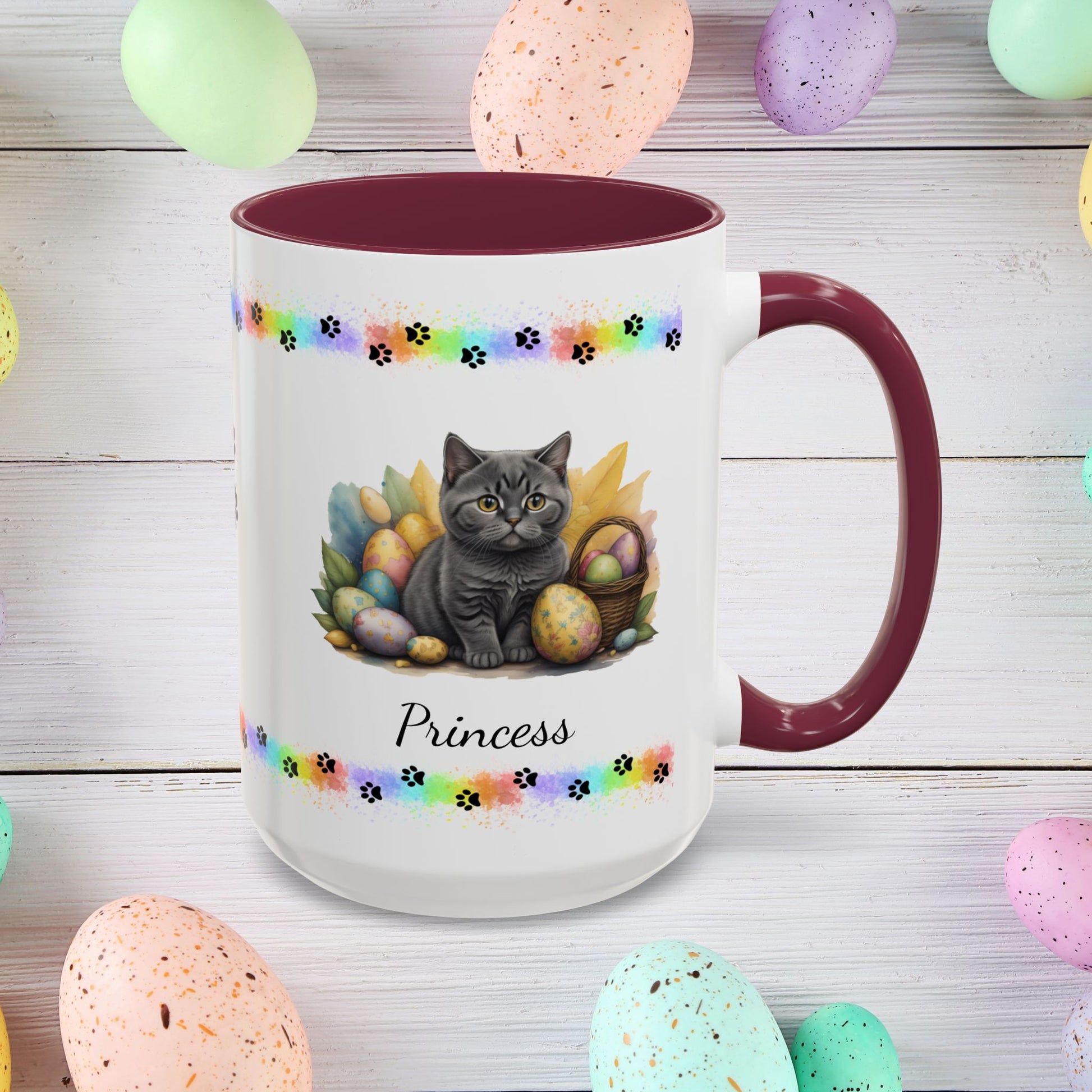 British Shorthair: Personalized Easter Kitten Coffee Mug - Adorable Cat Design, Mental Health Gift, 11oz & 15oz, 12 Color Choices, Easter Gifts & Décor