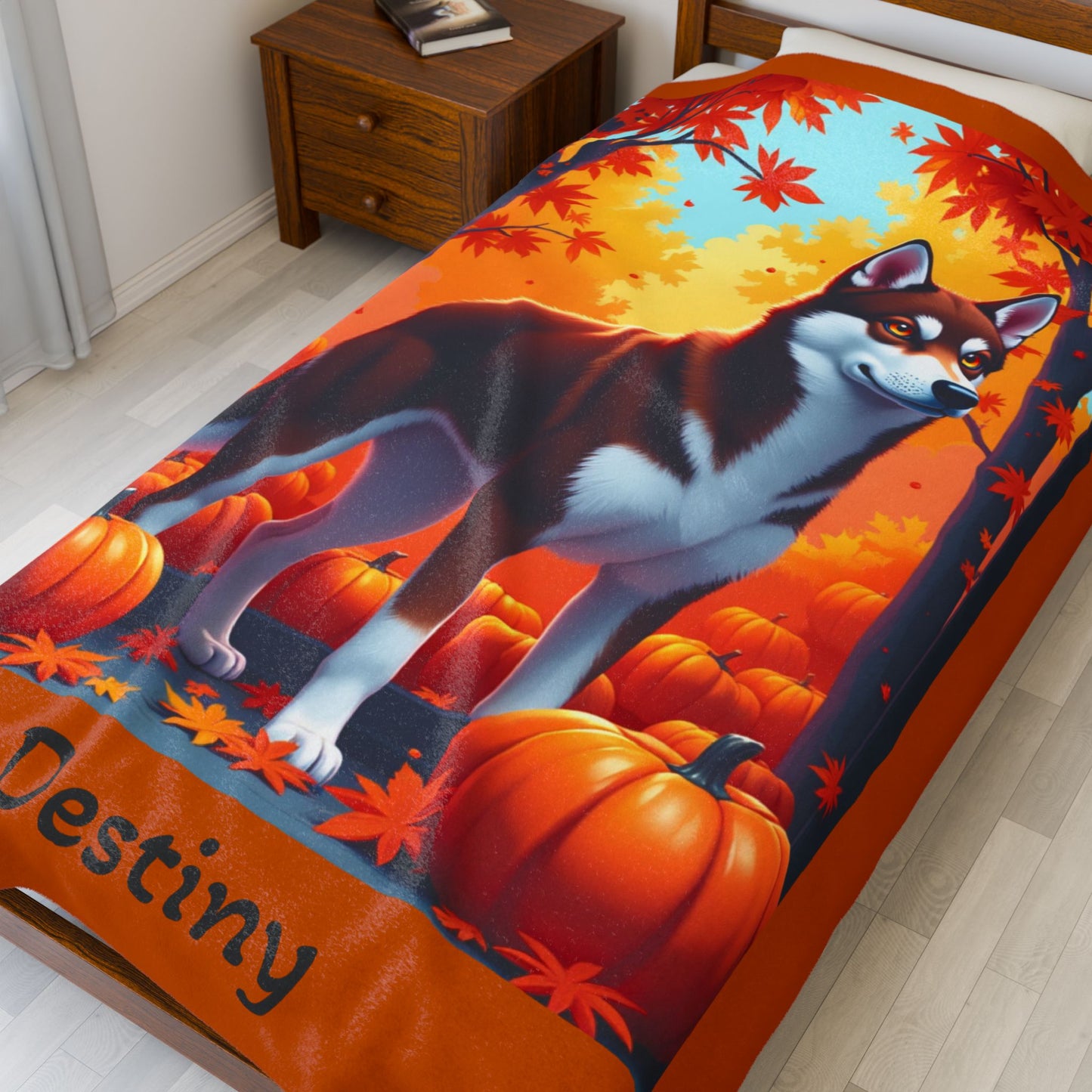 Dark Red Husky amber eyes velveteen plush blanket, custom dog throw for red Husky owners - MySisterIsASurvivor