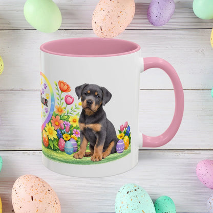 Shop our rottweiler blue puppy easter mug featuring the 11oz style option from MySisterIsASurvivor.