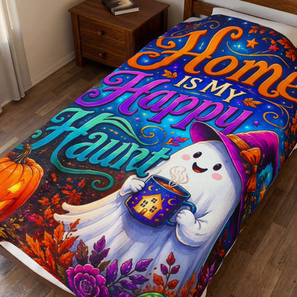 Home Is My Happy Haunt Velveteen Blanket - Ghost with House Mug and Cozy Cottage Jack-o-Lantern